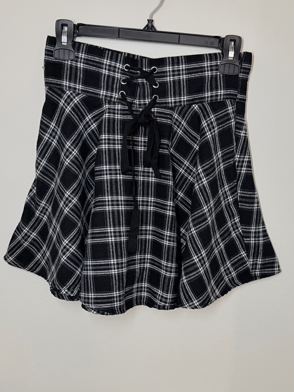 Black and White Plaid Lace-Up Flared Skirt - Women's